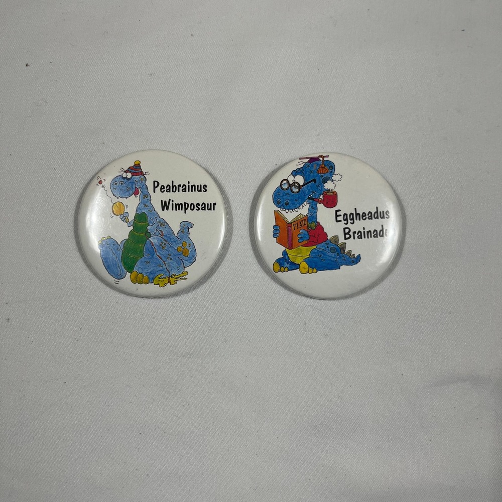 Dino Mania Dinosaur Pinback Buttons Blue White Retro Humor Set of 2 Vintage 80s